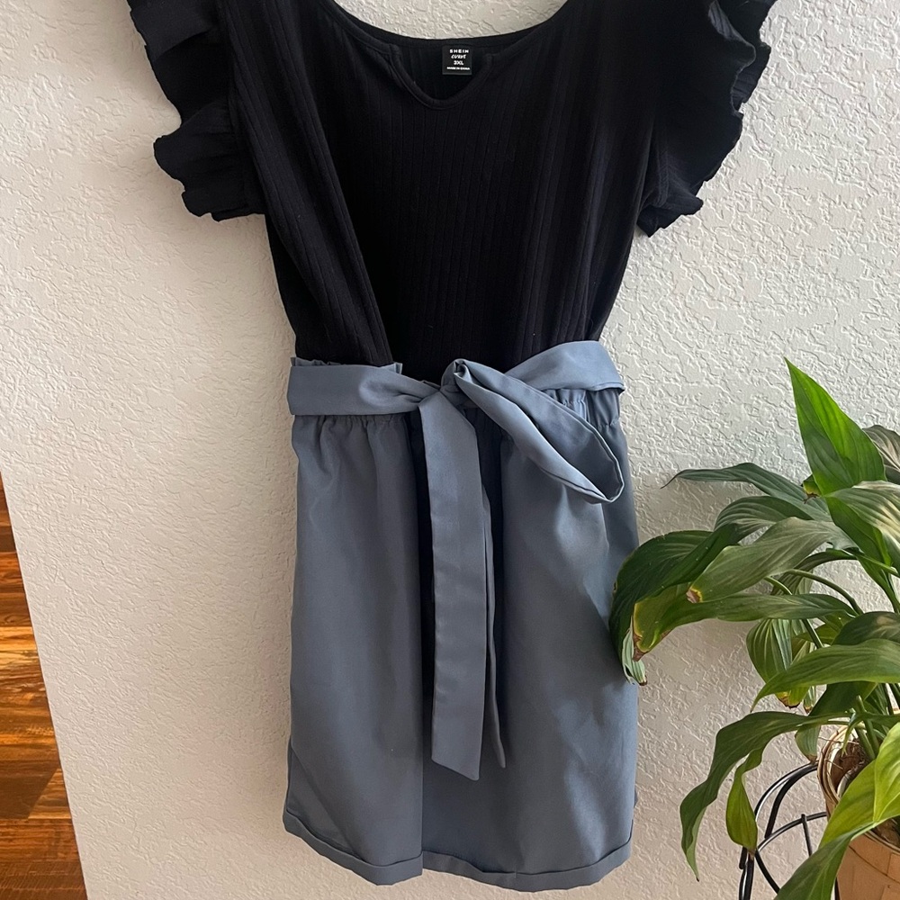 SHEIN Black and Blue Fit and Flare Romper with Ruffled Tie Front